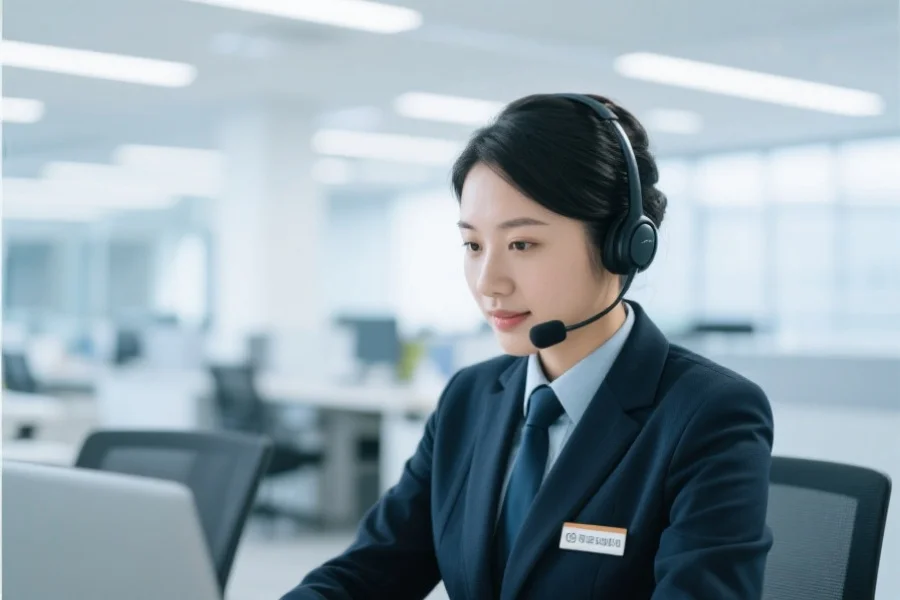 一位专业客服人员通过耳机为用户远程解答关于恒盛登录平台账户安全的问题,背景为现代办公室