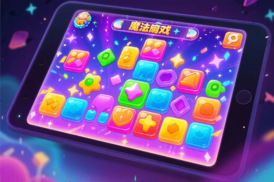 五彩斑斓的魔法消除游戏界面,屏幕上有闪烁的特效与各种形状的消除方块